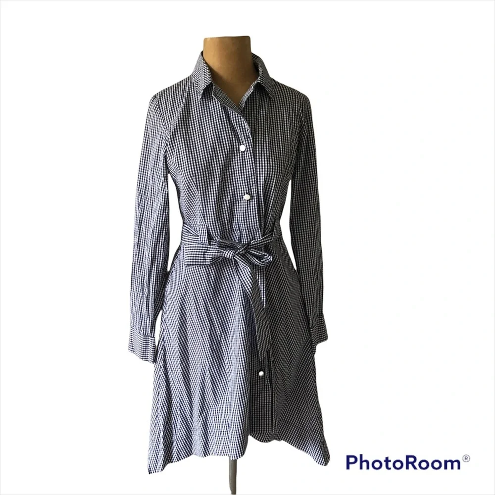 Kikilynn Navy & White gingham Long sleeve cotton Shirt Dress Size 4 - Picture 1 of 11